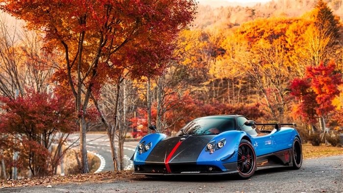 Blue Pagani Zonda Supercar in Autumn Landscape 4K