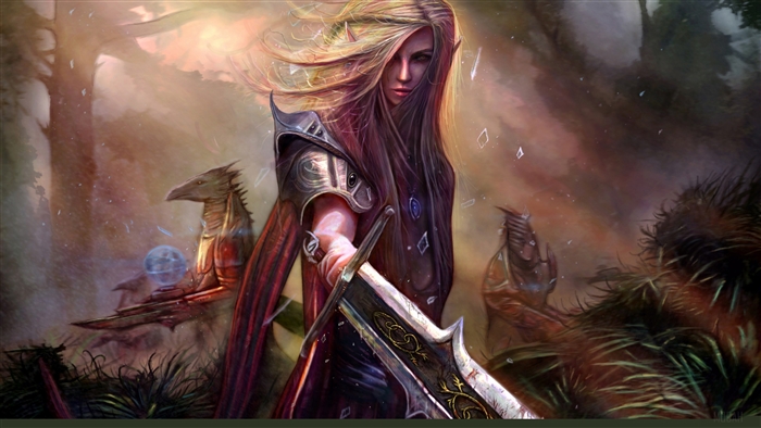 Elf Woman Warrior with Sword and Creature