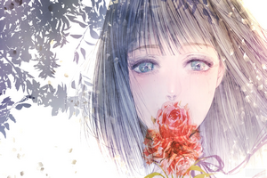 Girl with Blue Eyes and Red Roses 4K