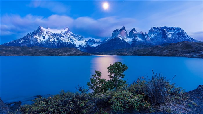 Moonlit Lake Landscape in Chile at Twilight 4K