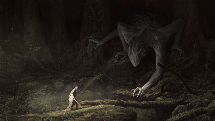 Warrior Facing Giant Creature in Dark Forest 4K