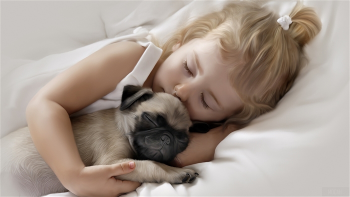Little Girl Sleeping with Pug Puppy 4K