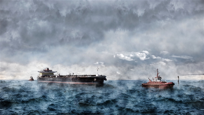 Tanker Ship Towed by Tugboat in Stormy Ocean 4K