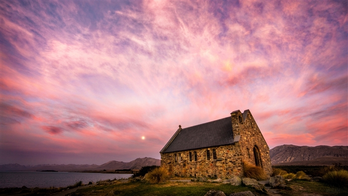 Church of the Good Shepherd at Lake Tekapo, New Zealand at Sunset 4K