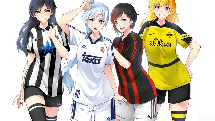 Four anime girls in soccer jerseys