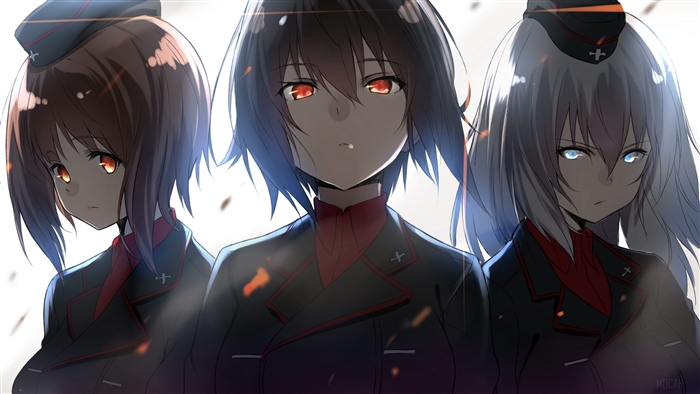 Girls in military uniforms with glowing eyes