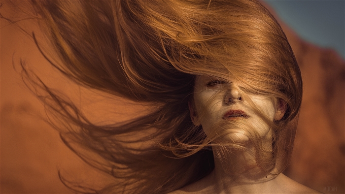 Redhead Woman with Flowing Hair in Wind 4k