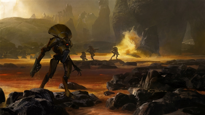 Alien warriors in a rocky, volcanic landscape