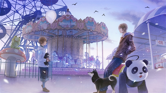 Anime amusement park with carousel and Ferris wheel