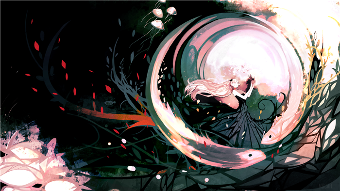 Girl in a bubble with fish and moon