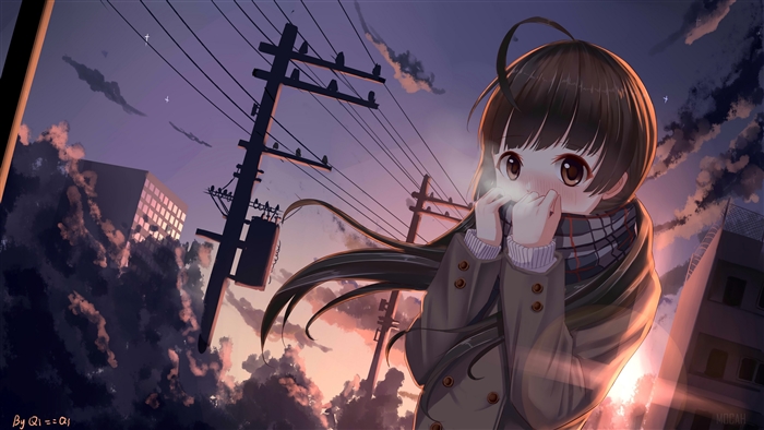 Anime girl in scarf at sunset with power lines