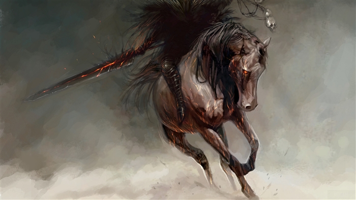 Warrior on a fiery horse with a sword 4K