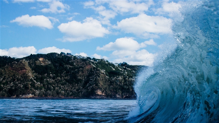 Ocean wave crashing with a green hillside in the background