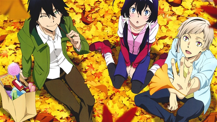 3 anime characters sitting on autumn leaves