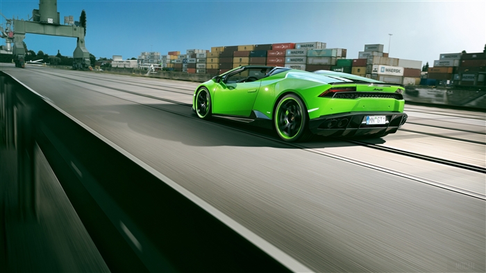 Green Lamborghini Huracan Convertible Driving in Port