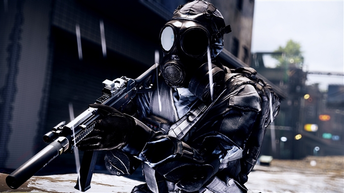 Soldier in gas mask with weapon in Battlefield 4 4K
