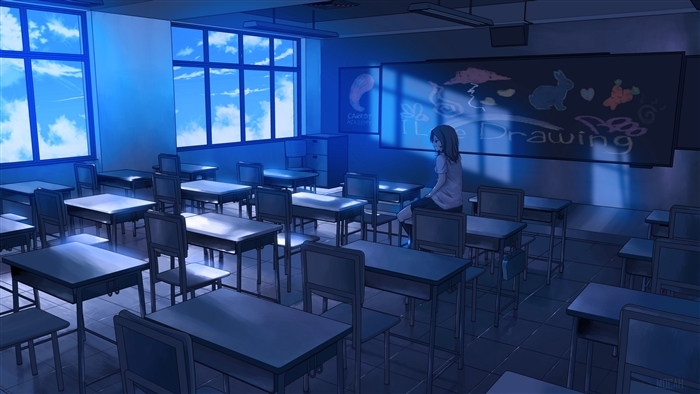 Girl in a classroom with drawings on the blackboard 4K
