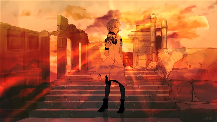 Anime boy with gas mask in ruins 4K