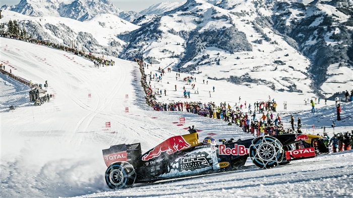 Red Bull Formula 1 car on a snowy mountain slope
