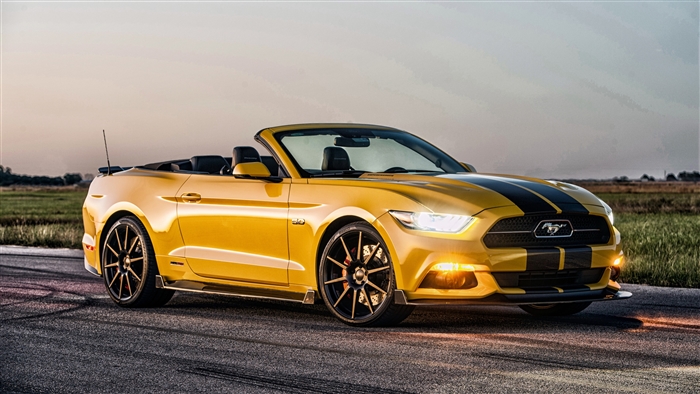 Yellow Ford Mustang GT Convertible with Black Stripes