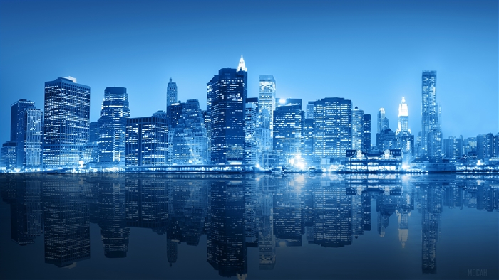 Blue Manhattan Skyscrapers at Night with Reflection 4K