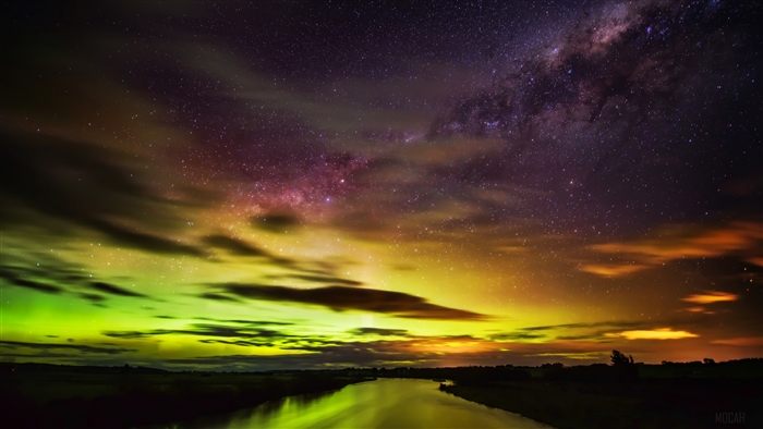 Aurora Australis over a river in New Zealand