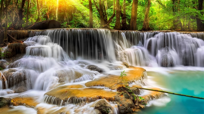 Erawan Waterfall Scenic View in Thailand 4K