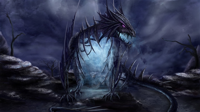 Dark Dragon with Glowing Chest in a Gloomy Landscape