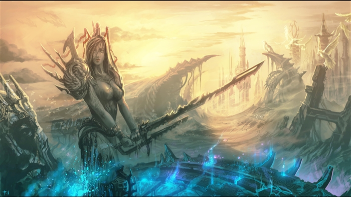 Warrior Woman with Swords in Fantasy Landscape