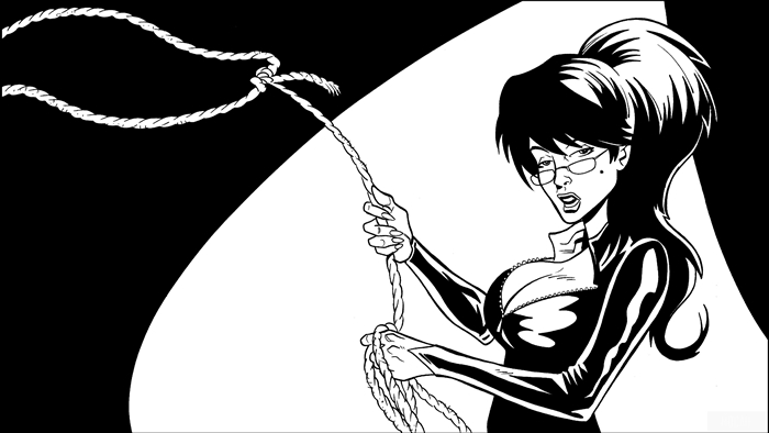Woman in black outfit holding a rope