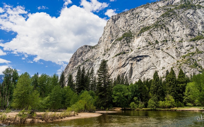 Mountain and River with Trees and Clouds