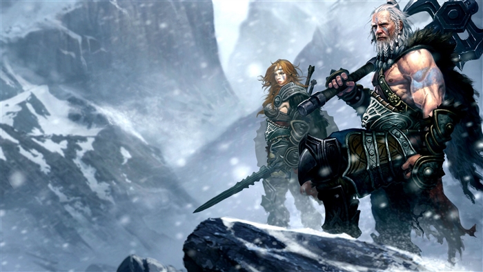 Barbarians from Diablo III in a snowy mountain landscape