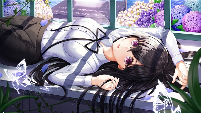 Girl with Black Hair and Purple Eyes by Window