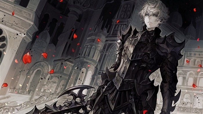 Grey-Haired Boy in Dark Armor with Sword 4K