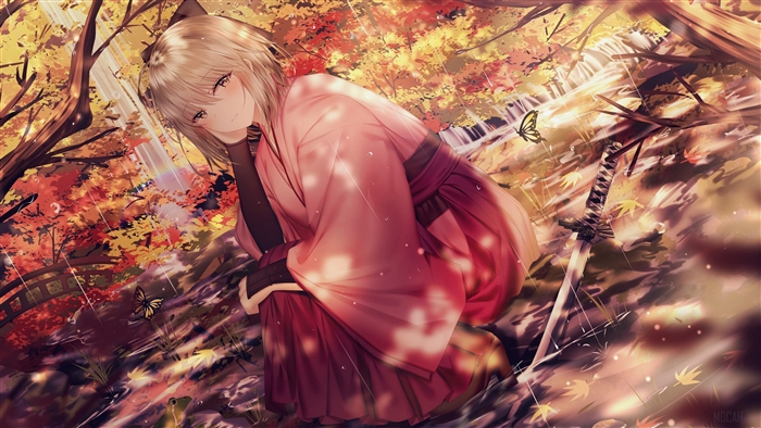 Okita Souji (Sakura Saber) in Autumn Forest 4K