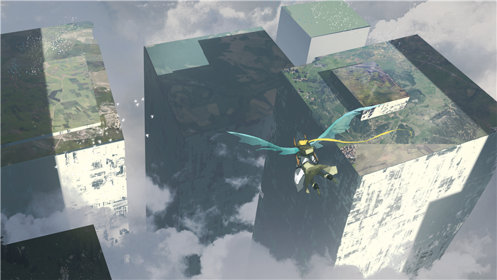Girl with wings flying near cube structures 4K