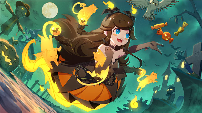 Halloween Girl with Pumpkin Dress and Ghost Cats 4K