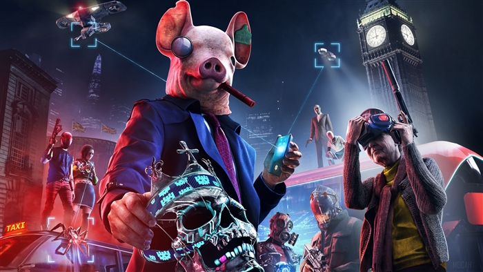 Watch Dogs: Legion poster with pig-headed man and Big Ben