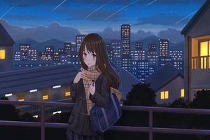 Girl in City at Night with Shooting Stars 4K