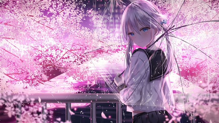 Rainy Cherry Blossom Night with Twintails Girl 4K