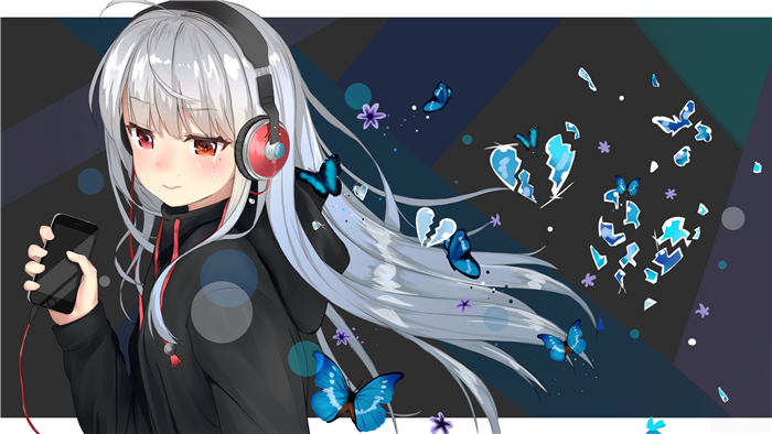 Crying Girl with Headphones and Phone