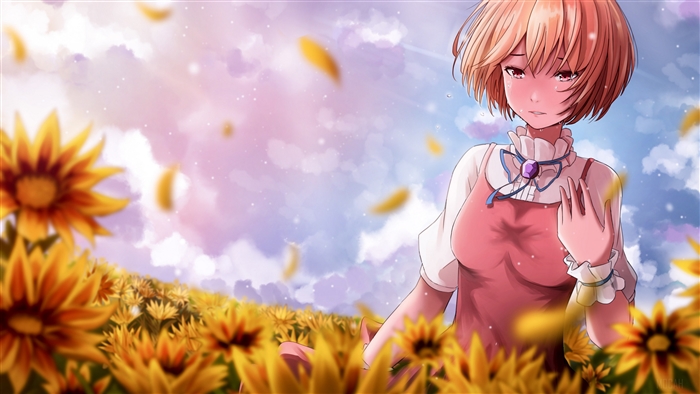 Girl with short hair crying in a sunflower field