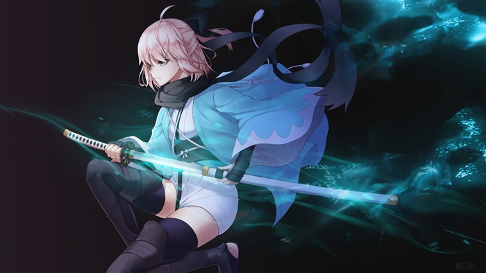 Okita Souji (Sakura Saber) with glowing katana