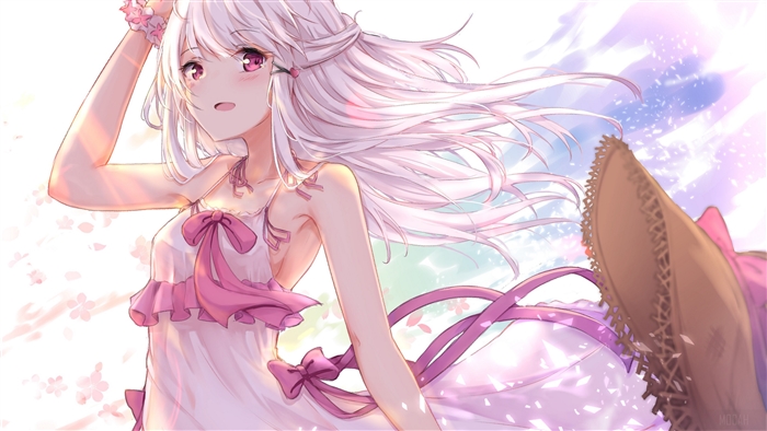 Girl in a pink dress with white hair 4K