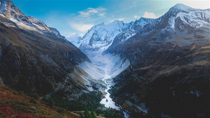 Mountain valley with glacier and river in Switzerland 4K