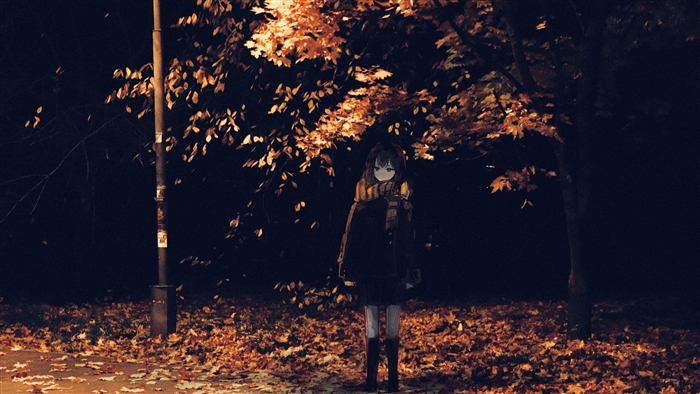 Girl with scarf under autumn tree at night 4K