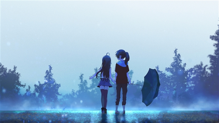 Two girls holding an umbrella in the rain