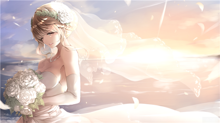 Blonde Bride with Bouquet and Veil at Sunset 4K