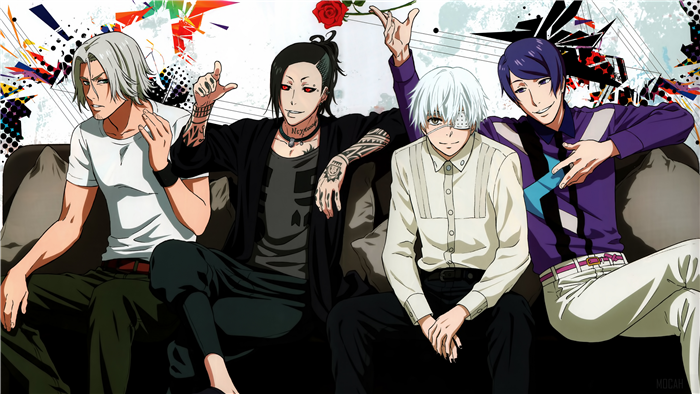 Four men from Tokyo Ghoul sitting on a couch
