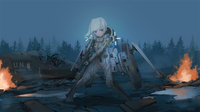 Girl in armor with gun near crashed airplane and fire